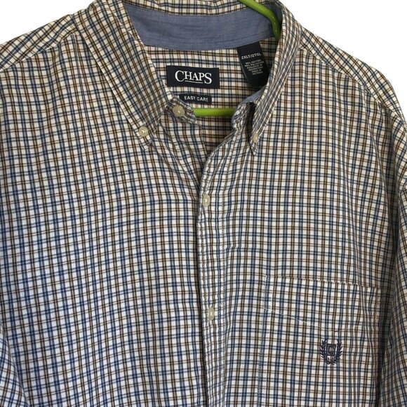 Chaps Mens Easy Care Button-Up Shirt 2XL Tall Plaid Cotton Blend Brown & Blue - Picture 2 of 13